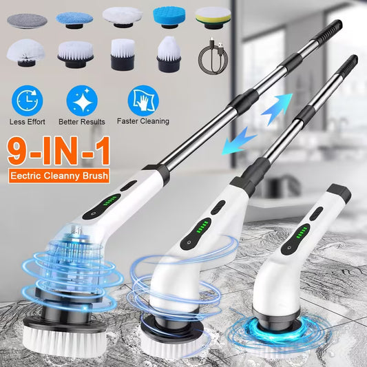 9‑in‑1 Cordless Electric Spin Scrubber, Dual Speed, Adjustable Long Handle | Bathroom, Tile, Kitchen  & Car Cleaning Brush